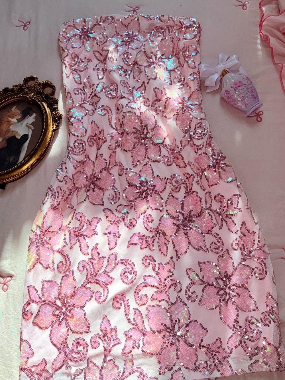 Windsor Pink Sequin Floral Strapless Formal Dress
